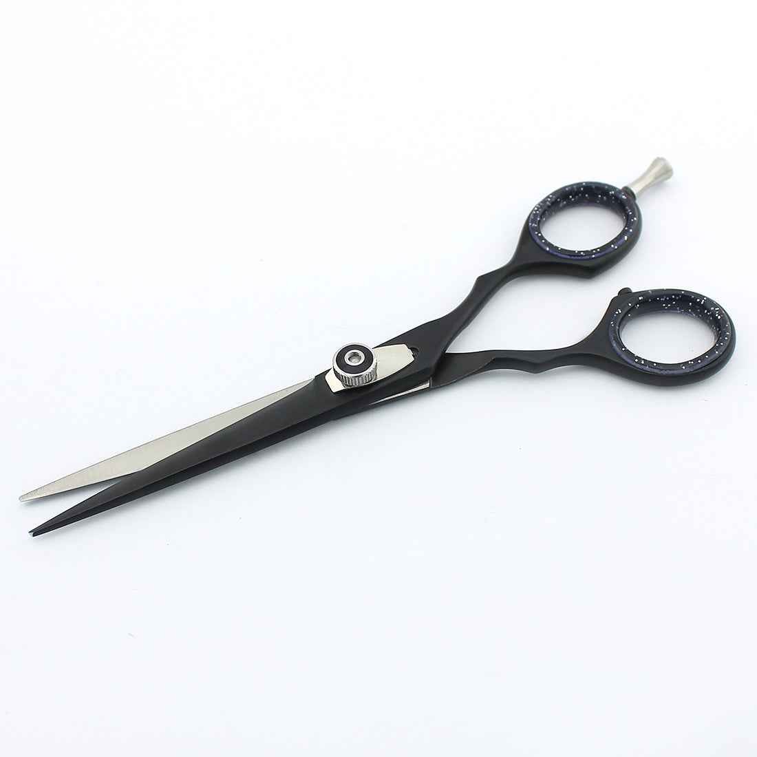 Close-up of black 6-inch professional hair cutting scissor highlighting adjustable screws at BNB