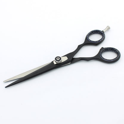 Close-up of black 6-inch professional hair cutting scissor highlighting adjustable screws at BNB