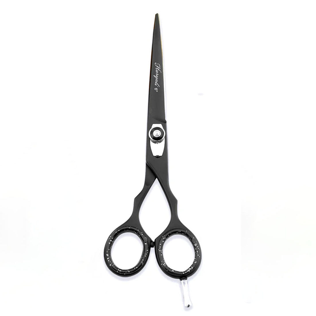 Front view of black 6-inch hair cutting scissor with adjustable screws at BNB