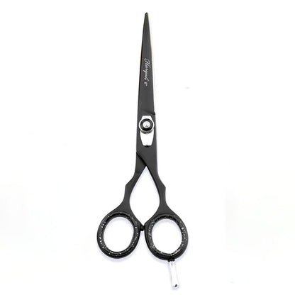 Front view of black 6-inch hair cutting scissor with adjustable screws at BNB