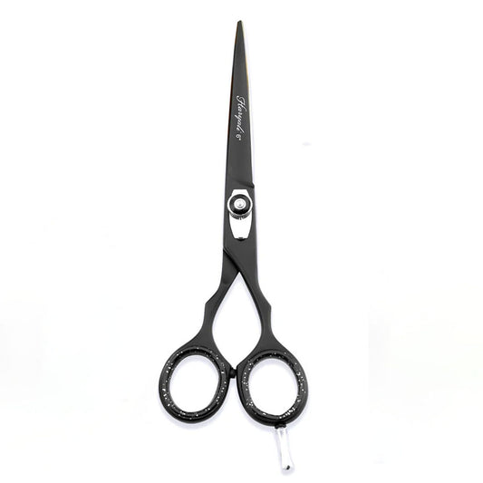Front view of black 6-inch hair cutting scissor with adjustable screws at BNB