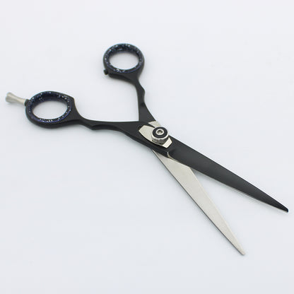 Black 6-inch hair cutting scissor opened to show blades and adjustable screws at BNB