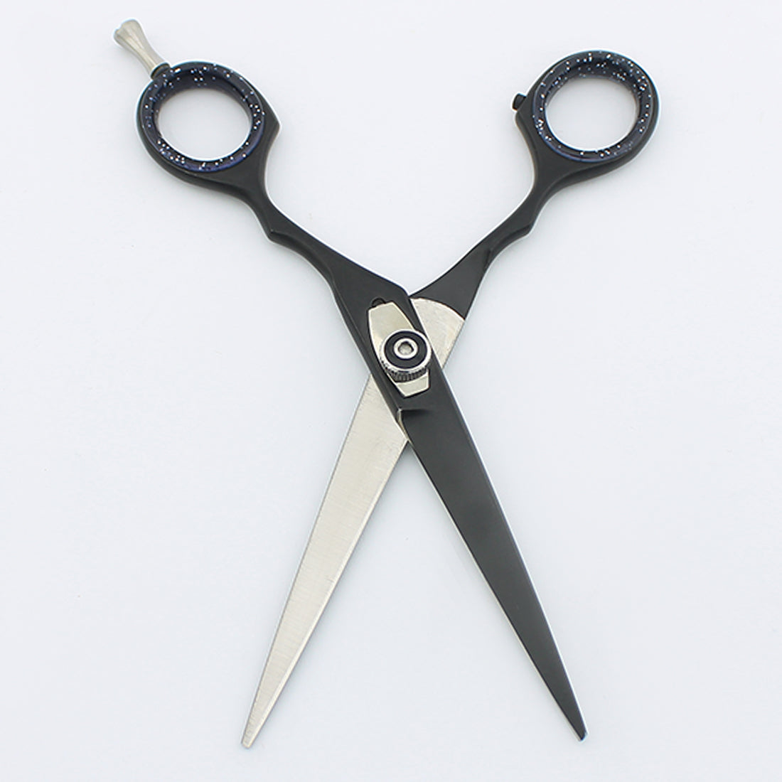 open blades black 6-inch professional hair cutting scissor, highlighting adjustable screws at BNB