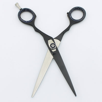 open blades black 6-inch professional hair cutting scissor, highlighting adjustable screws at BNB