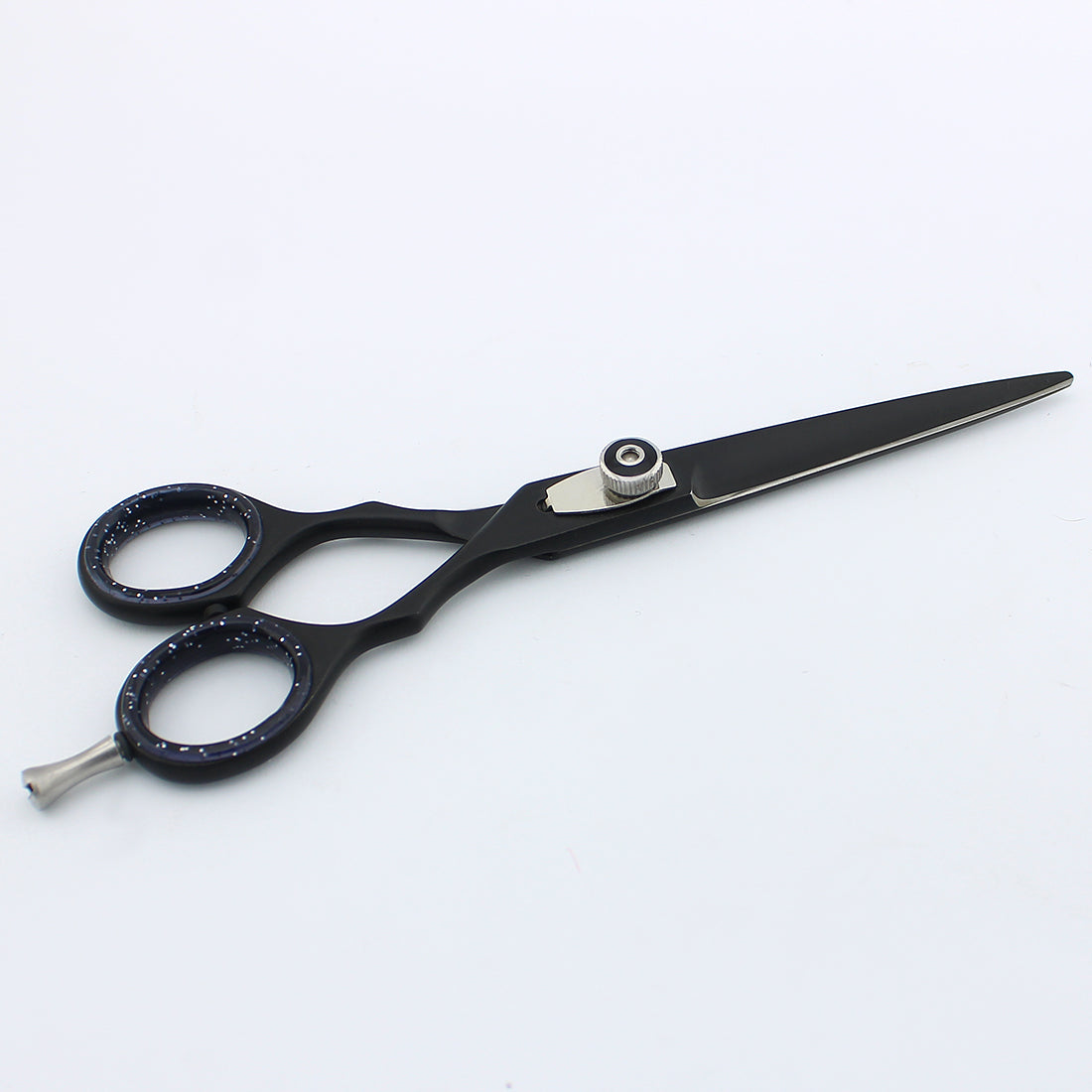 Side view of black 6-inch professional hair cutting scissor with adjustable screws at BNB