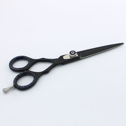 Side view of black 6-inch professional hair cutting scissor with adjustable screws at BNB