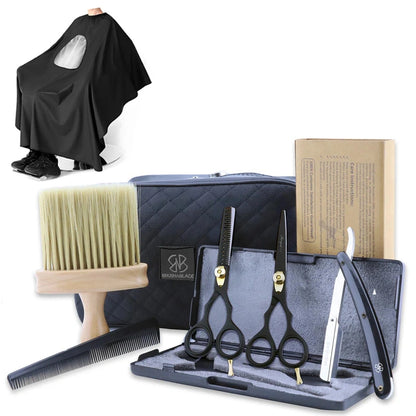 Personal barber kit for men with black scissors, comb, razor and neck duster