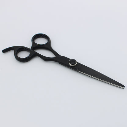 Ergonomic Matte Black 6-inch offset hair cutting scissor with adjustable screws for comfortable professional cutting from brushnblade.pk