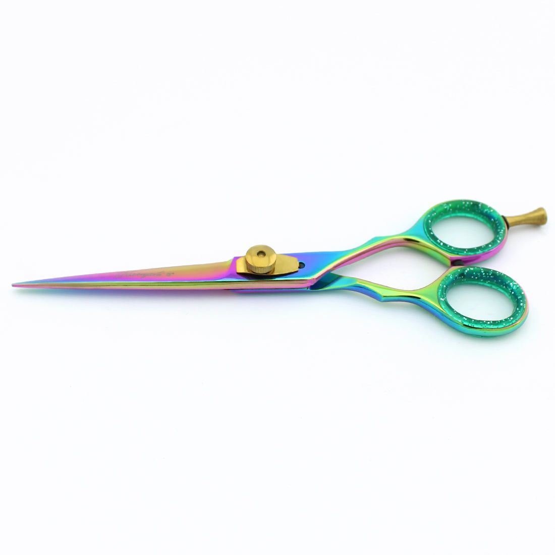 Side view of multicolored 6-inch professional hair cutting scissor with closed blades – BrushNBlade
