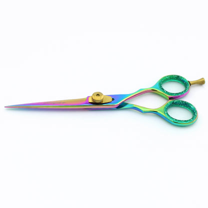 Side view of multicolored 6-inch professional hair cutting scissor with closed blades – BrushNBlade