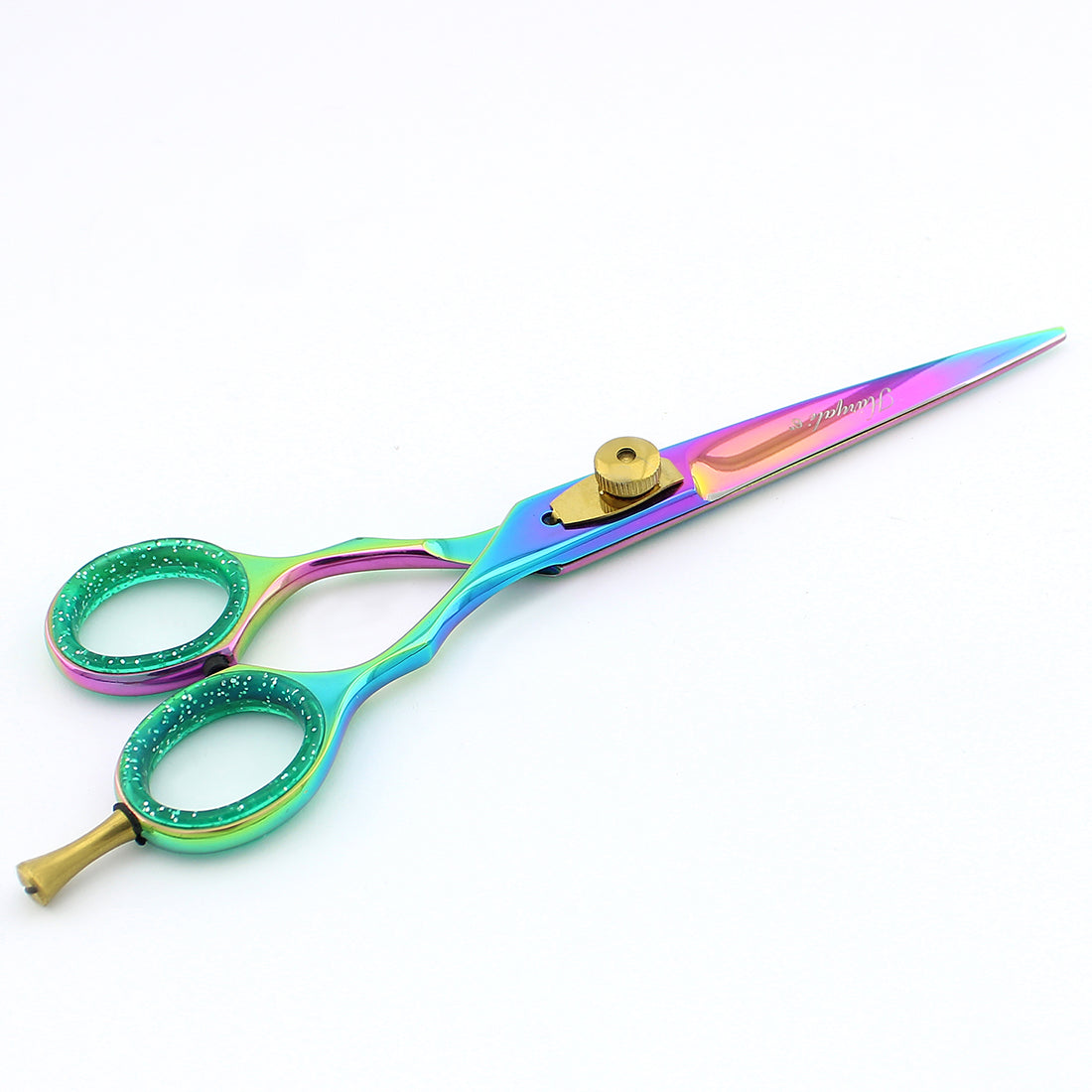 Angled top view of multicolored 6-inch professional hair cutting scissor with closed blades – BrushNBlade