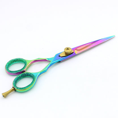 Angled top view of multicolored 6-inch professional hair cutting scissor with closed blades – BrushNBlade