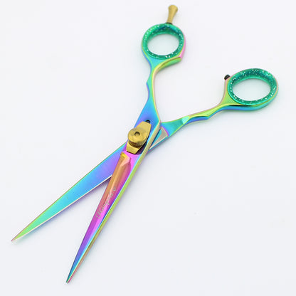 Front view of multicolored 6-inch professional hair cutting scissor with open blades – BrushNBlade