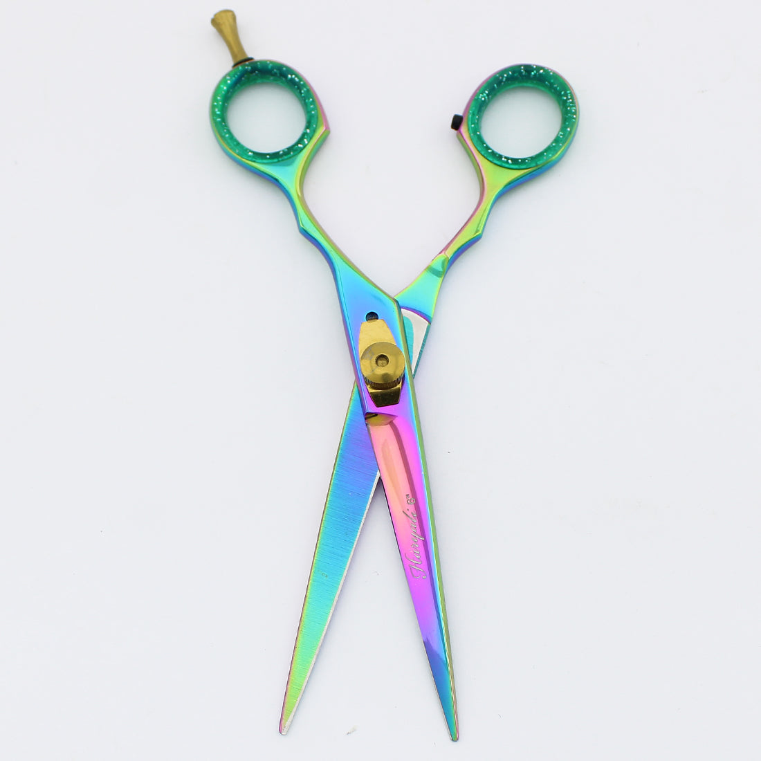 Side view of multicolored 6-inch professional hair cutting scissor with open blades – BrushNBlade