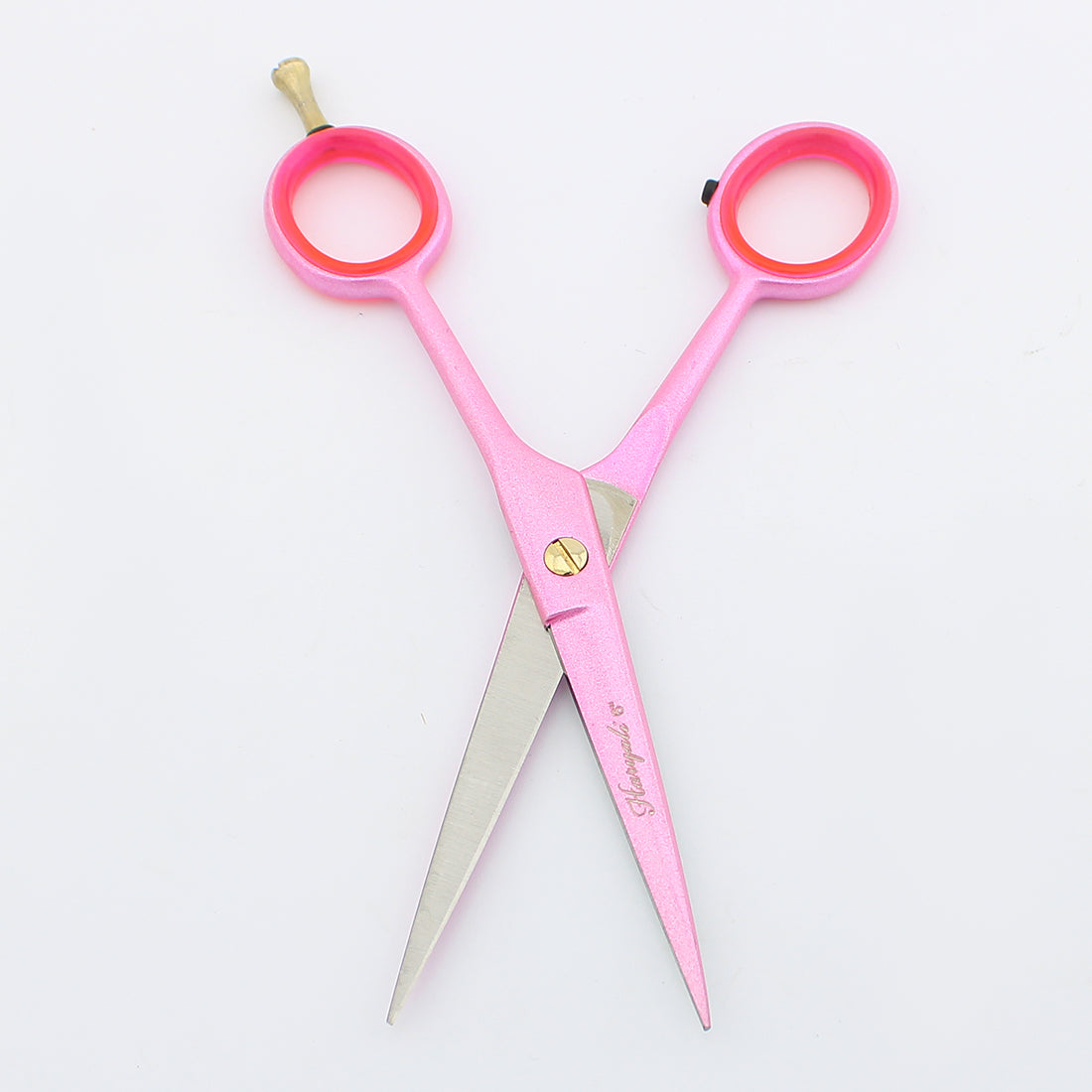 Professional pink 6-inch hair cutting scissor with fixed screws for effortless salon-quality trimming with open blades