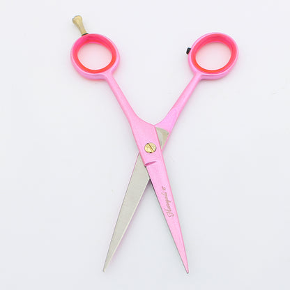 Professional pink 6-inch hair cutting scissor with fixed screws for effortless salon-quality trimming with open blades