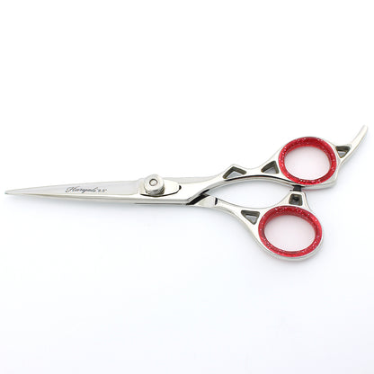 High-quality silver 6.5-inch offset hair cutting scissor with adjustable screws, perfect for barbers and stylists