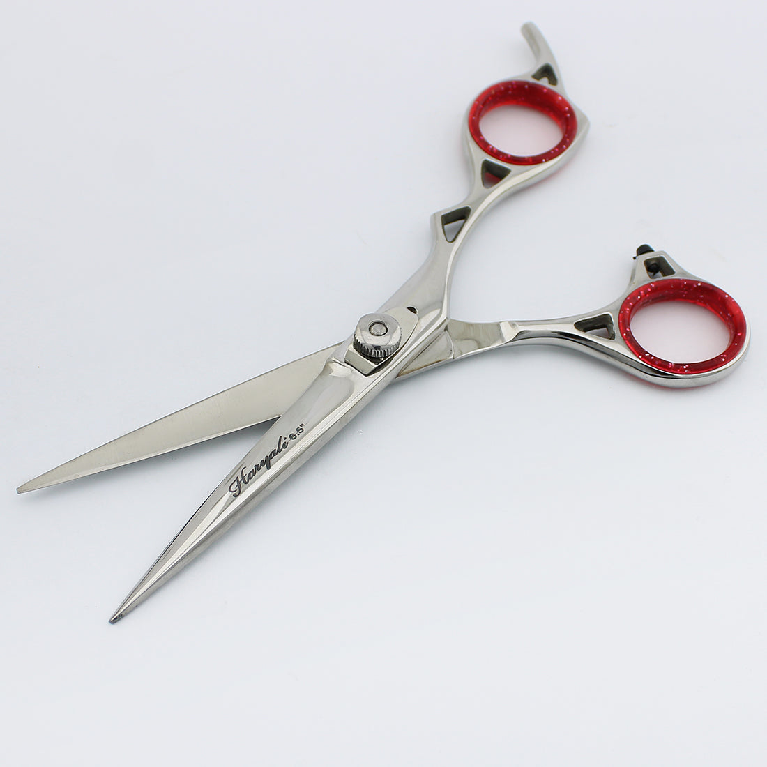 Ergonomic silver 6.5-inch offset hair cutting scissor with adjustable screws for comfortable hair cutting