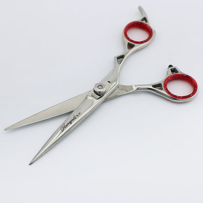 Ergonomic silver 6.5-inch offset hair cutting scissor with adjustable screws for comfortable hair cutting
