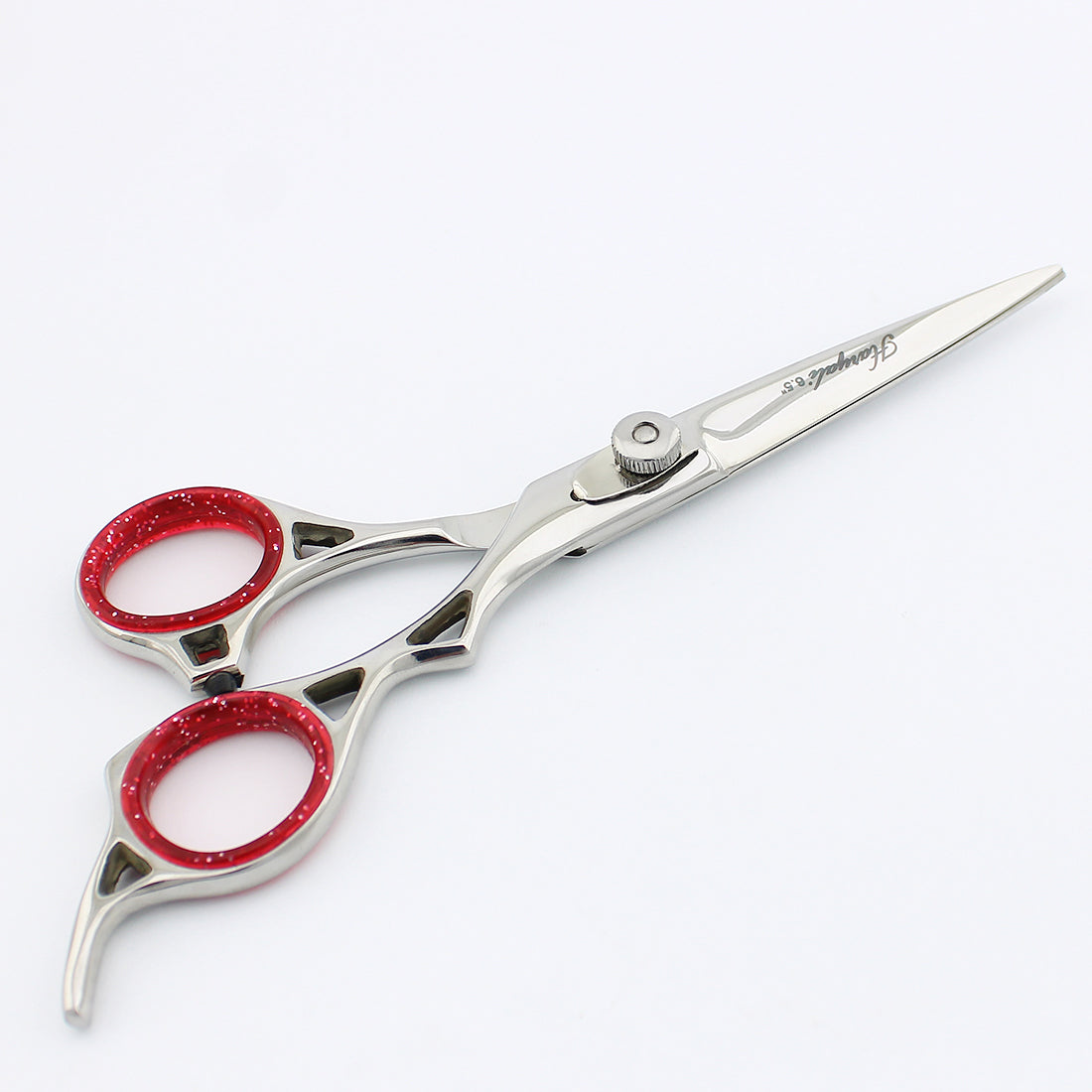 Silver 6.5-inch offset hair cutting scissor with adjustable screws for precise and smooth trimming
